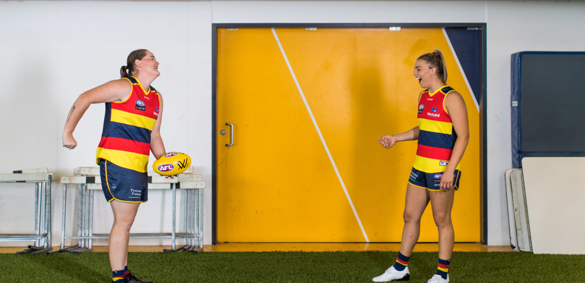 Sarah Perkins and Ebony Marinoff at the Crows' West Lakes training centre