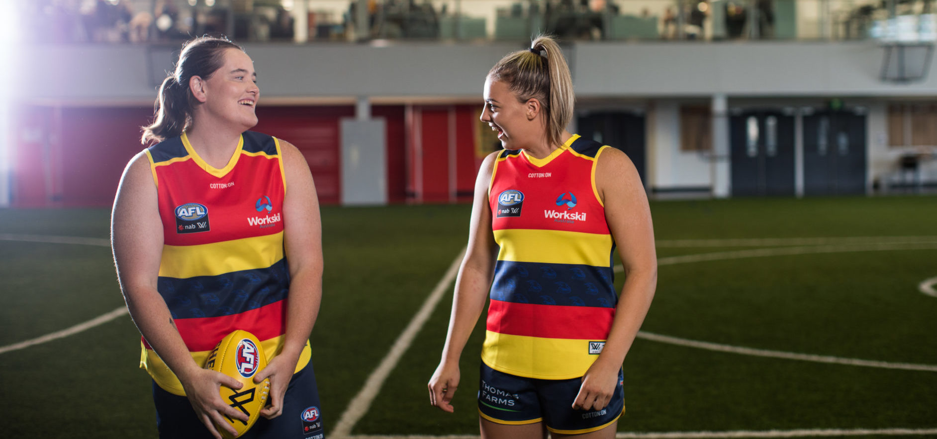 Adelaide Crows AFLW players Sarah Perkins and Ebony Marinoff at the West Lakes headquarters