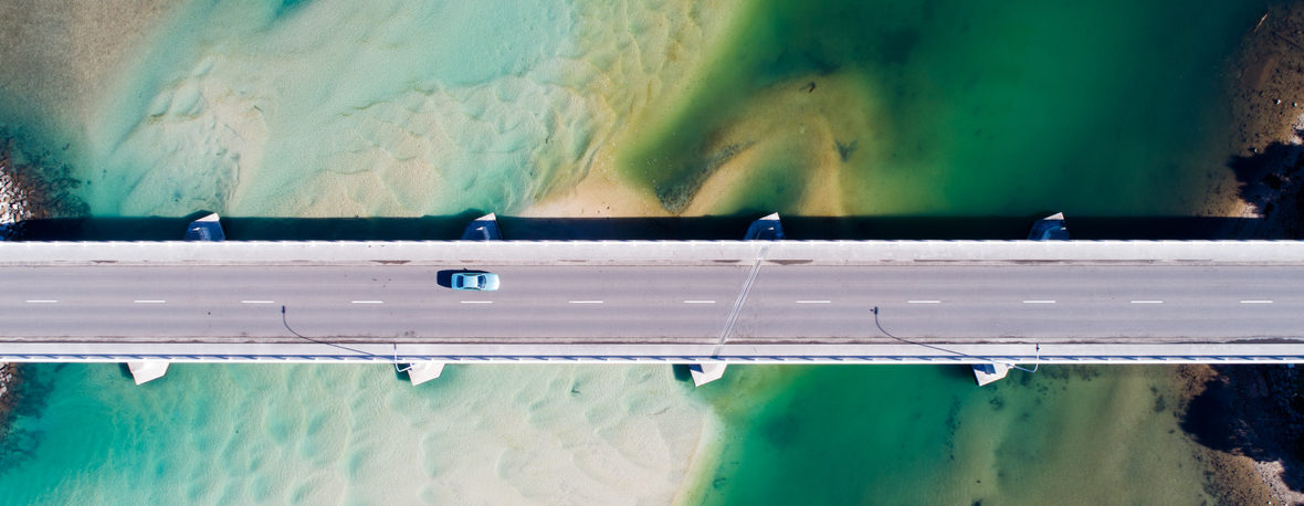 Aerial photograph of a coastal bridge in Tasmania, Australia