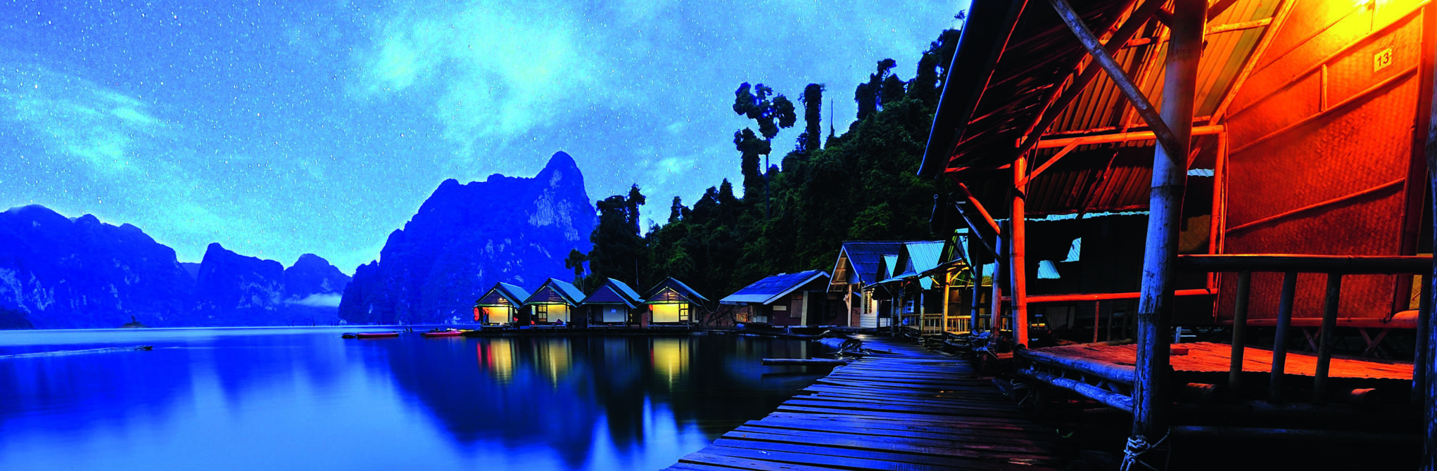 Cabins on the Cheow Lan Lake in Khao Sok National Park.