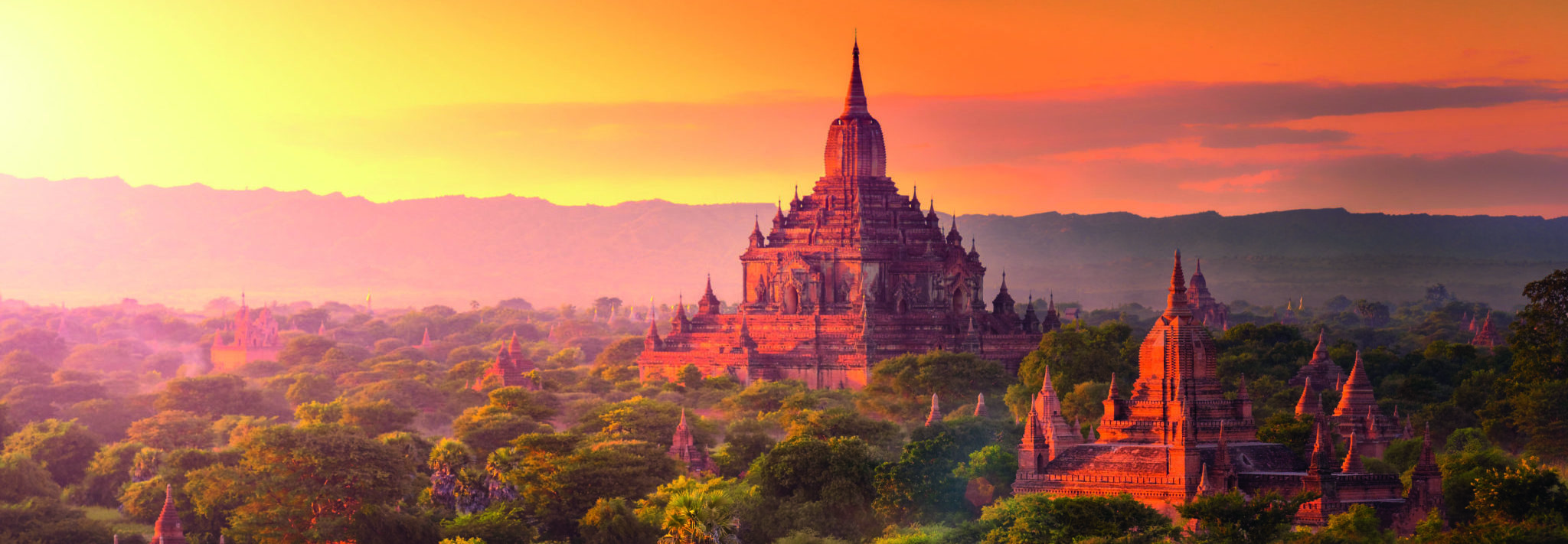 Pagoda landscape in the plain of Bagan, Myanmar (Burma)