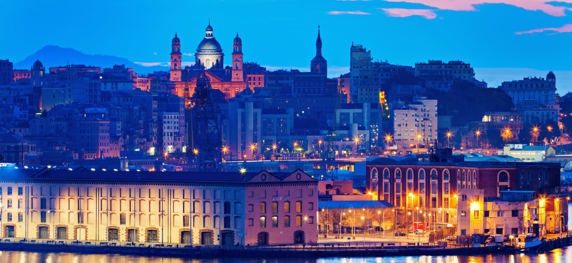 Old town Genoa during sunset.