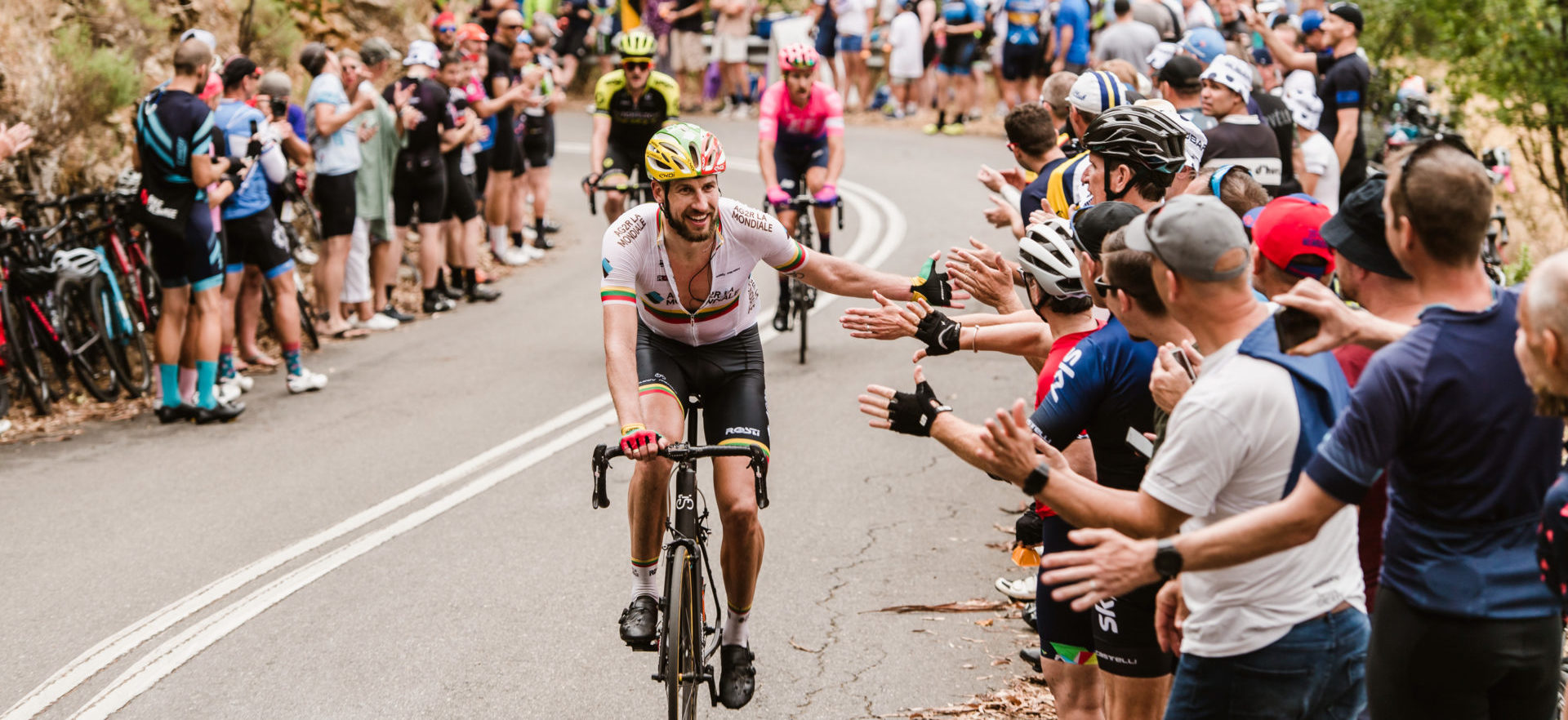 Cyclists ride on the road for Tour Down Under.